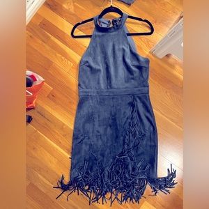AQUA brand. Navy blue suede dress with fringes